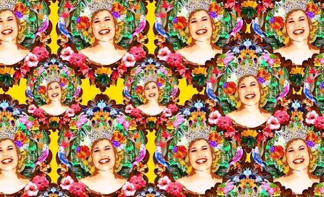 A estampa criada por Carol Vasconcelos tem o colorido do carnaval e a imagem de Carmen Dantas, uma diva pop, e  frutas tropicais. Criada especialmente para o baile Baile de Máscaras dos Seresteiros da Pitanguinha